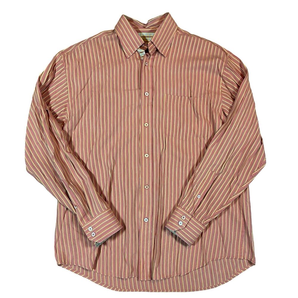 Bugatchi Uomo Flip Cuff Rayon Button Down Shirt Mens Large Orange Gold Striped